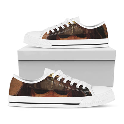 Old Japanese Samurai Mask Print White Low Top Shoes