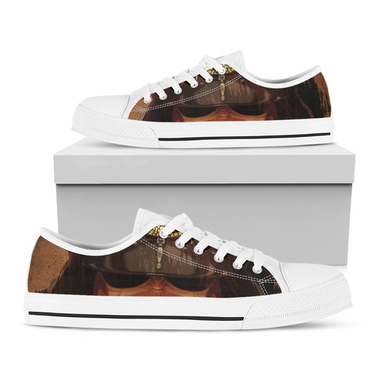 Old Japanese Samurai Mask Print White Low Top Shoes