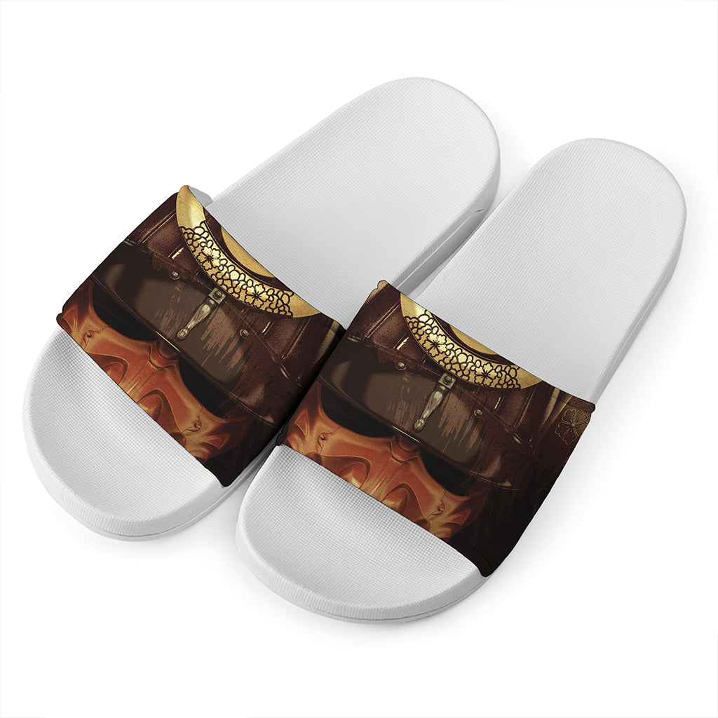 Old Japanese Samurai Mask Print White Slide Sandals