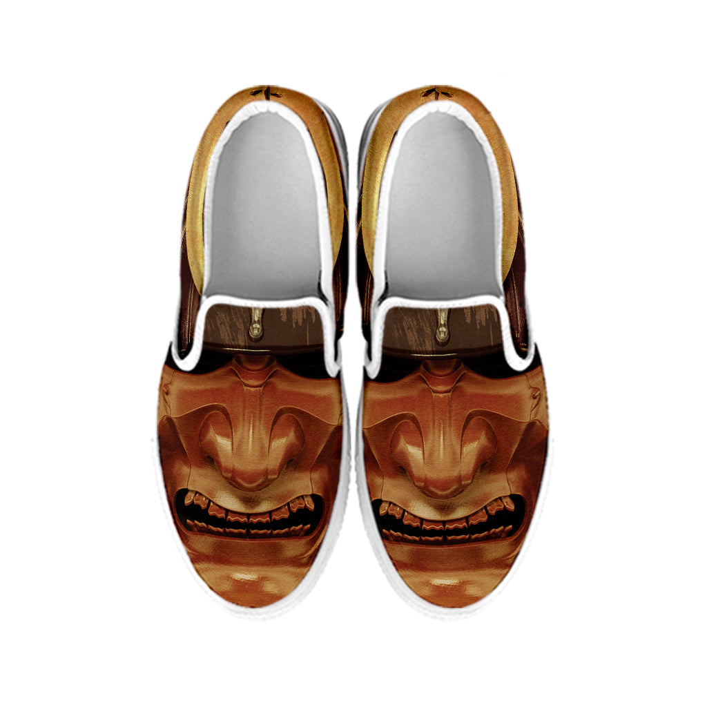Old Japanese Samurai Mask Print White Slip On Shoes