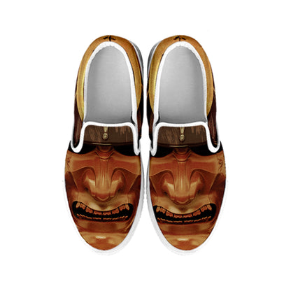 Old Japanese Samurai Mask Print White Slip On Shoes