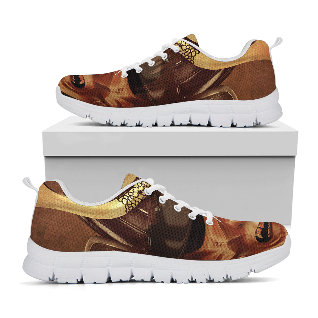 Old Japanese Samurai Mask Print White Sneakers