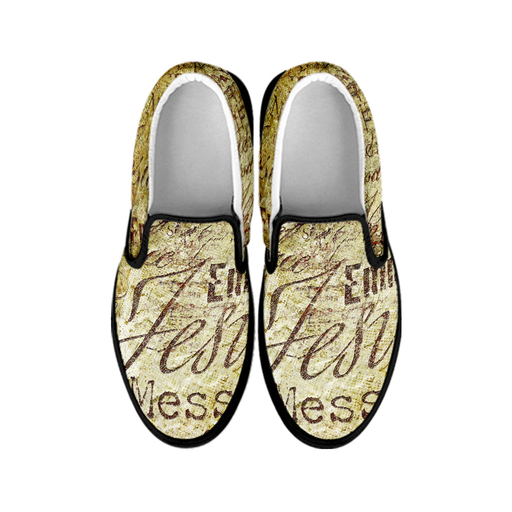 Old Religious Words Print Black Slip On Shoes