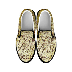 Old Religious Words Print Black Slip On Shoes