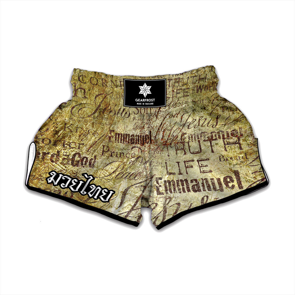 Old Religious Words Print Muay Thai Boxing Shorts