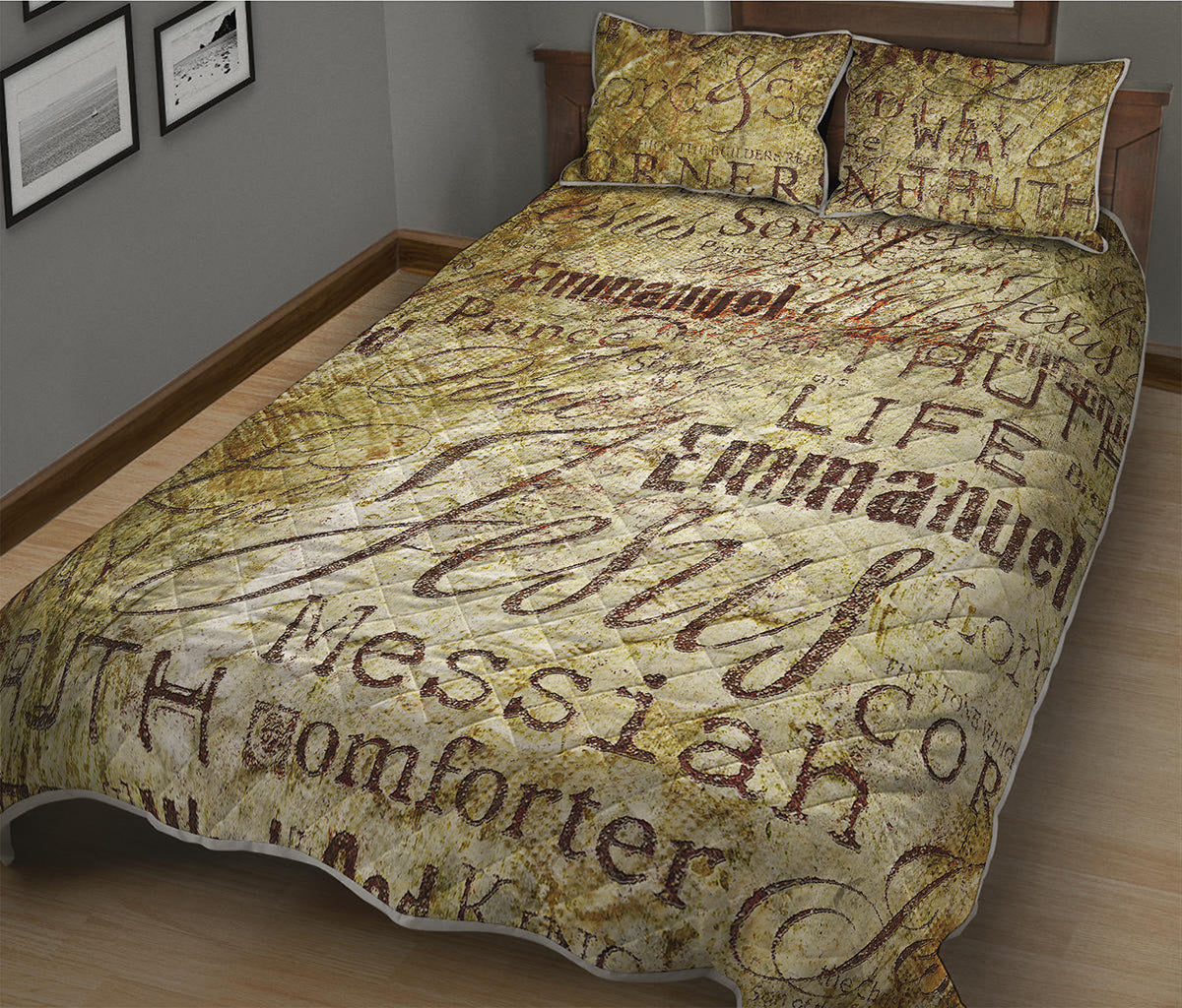 Old Religious Words Print Quilt Bed Set