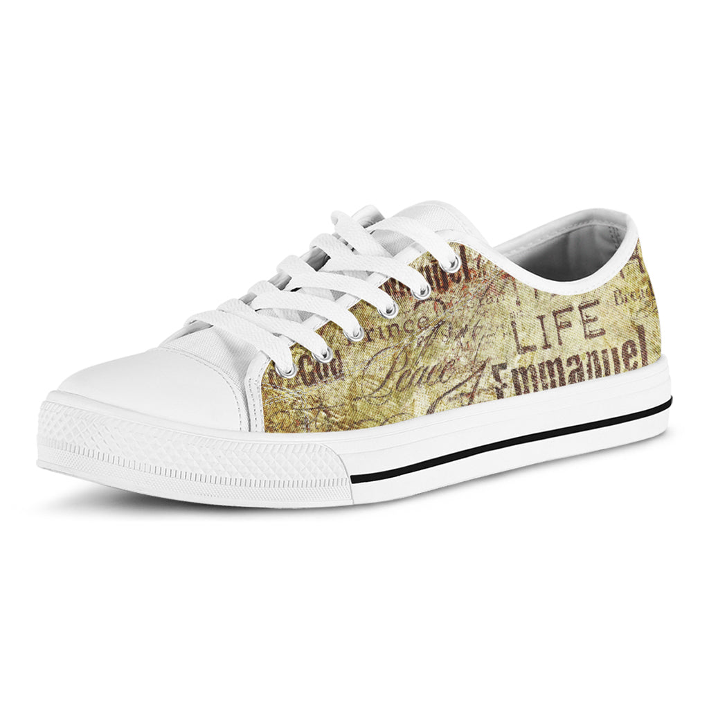 Old Religious Words Print White Low Top Shoes