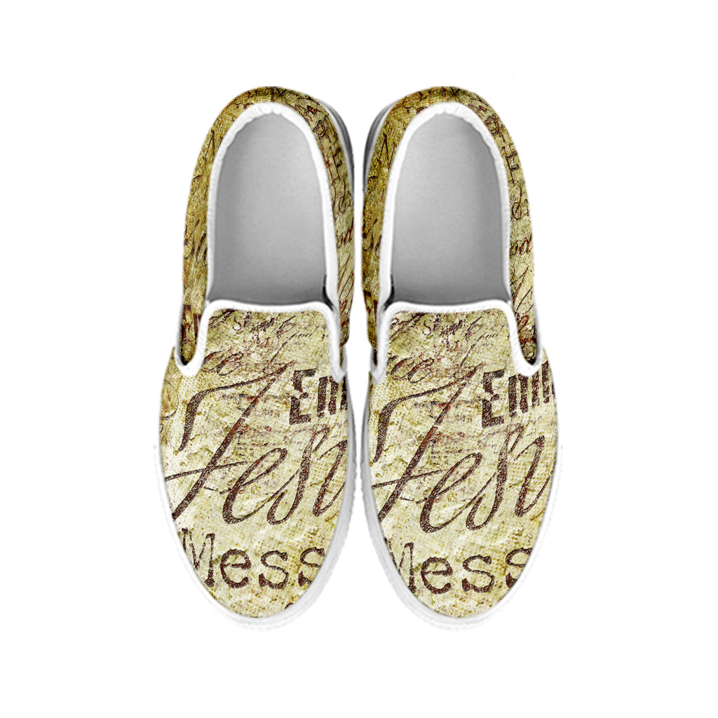 Old Religious Words Print White Slip On Shoes