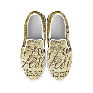 Old Religious Words Print White Slip On Shoes