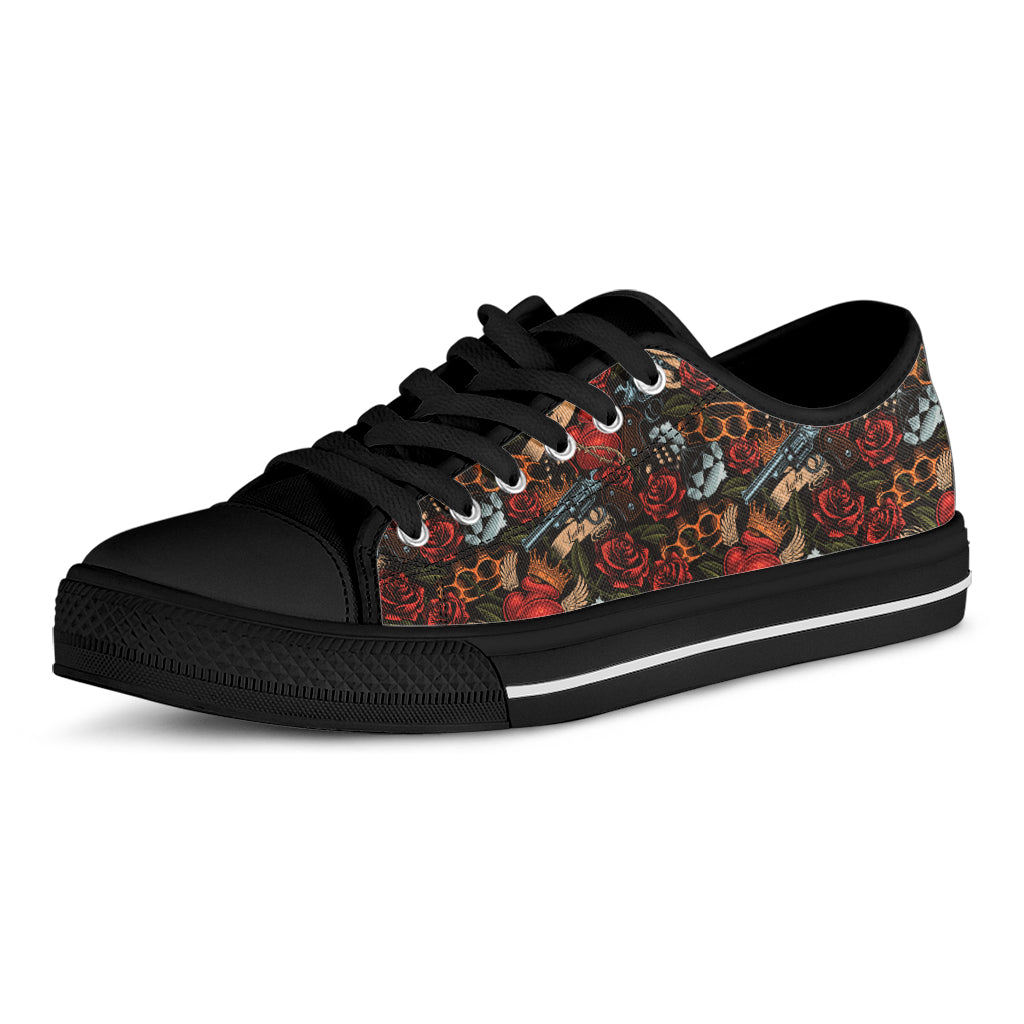 Old School Tattoo Print Black Low Top Shoes