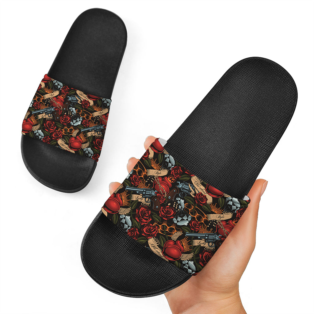 Old School Tattoo Print Black Slide Sandals