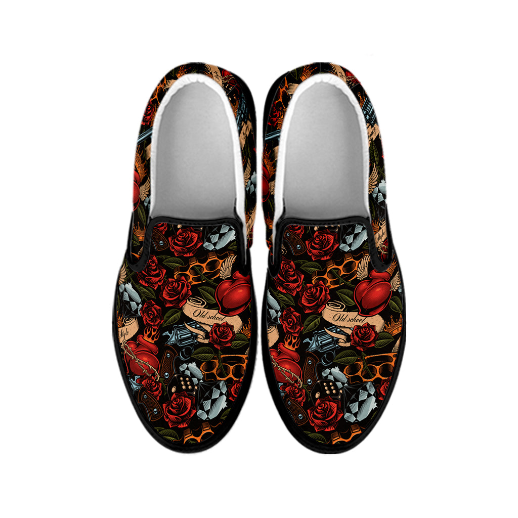 Old School Tattoo Print Black Slip On Shoes