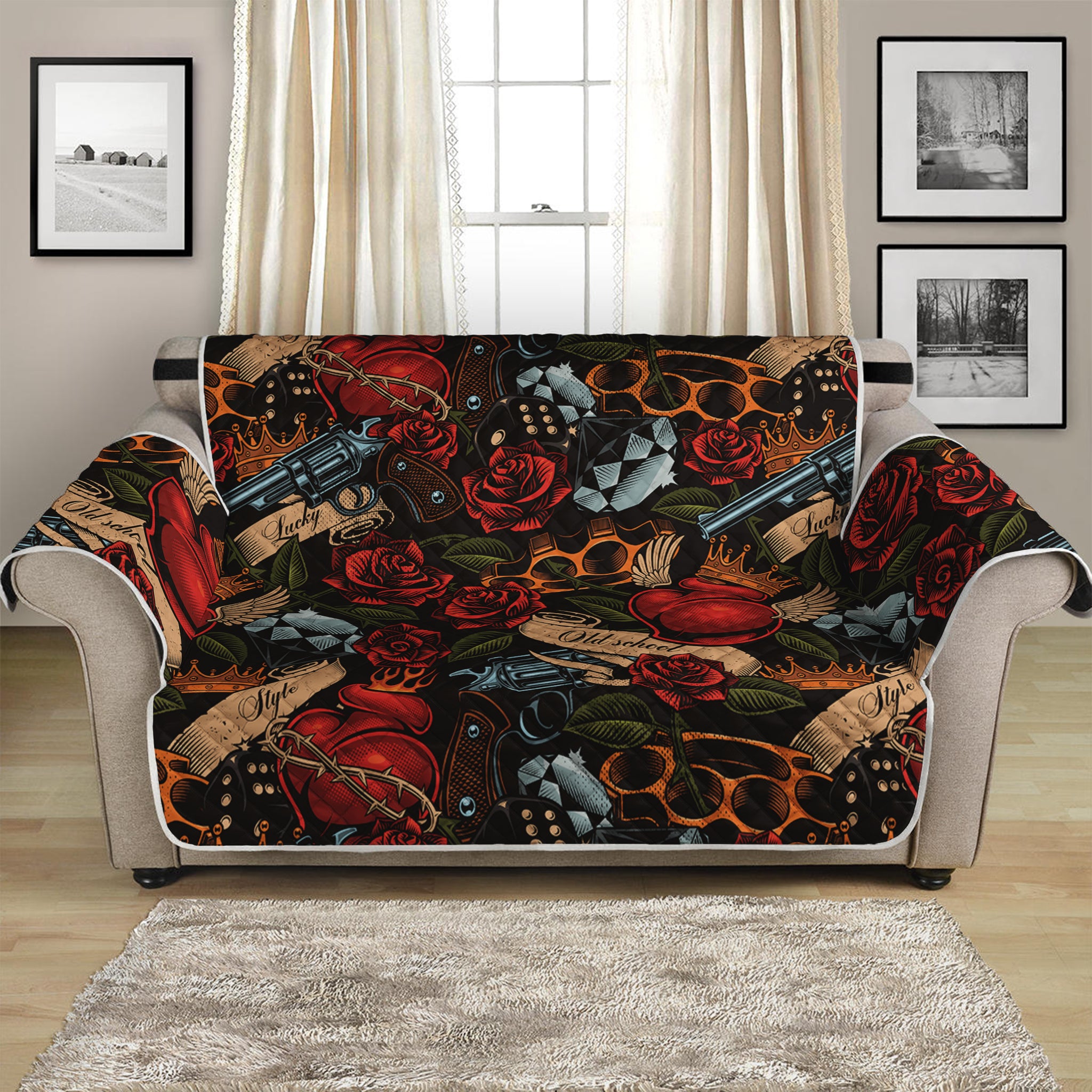 Old School Tattoo Print Loveseat Protector