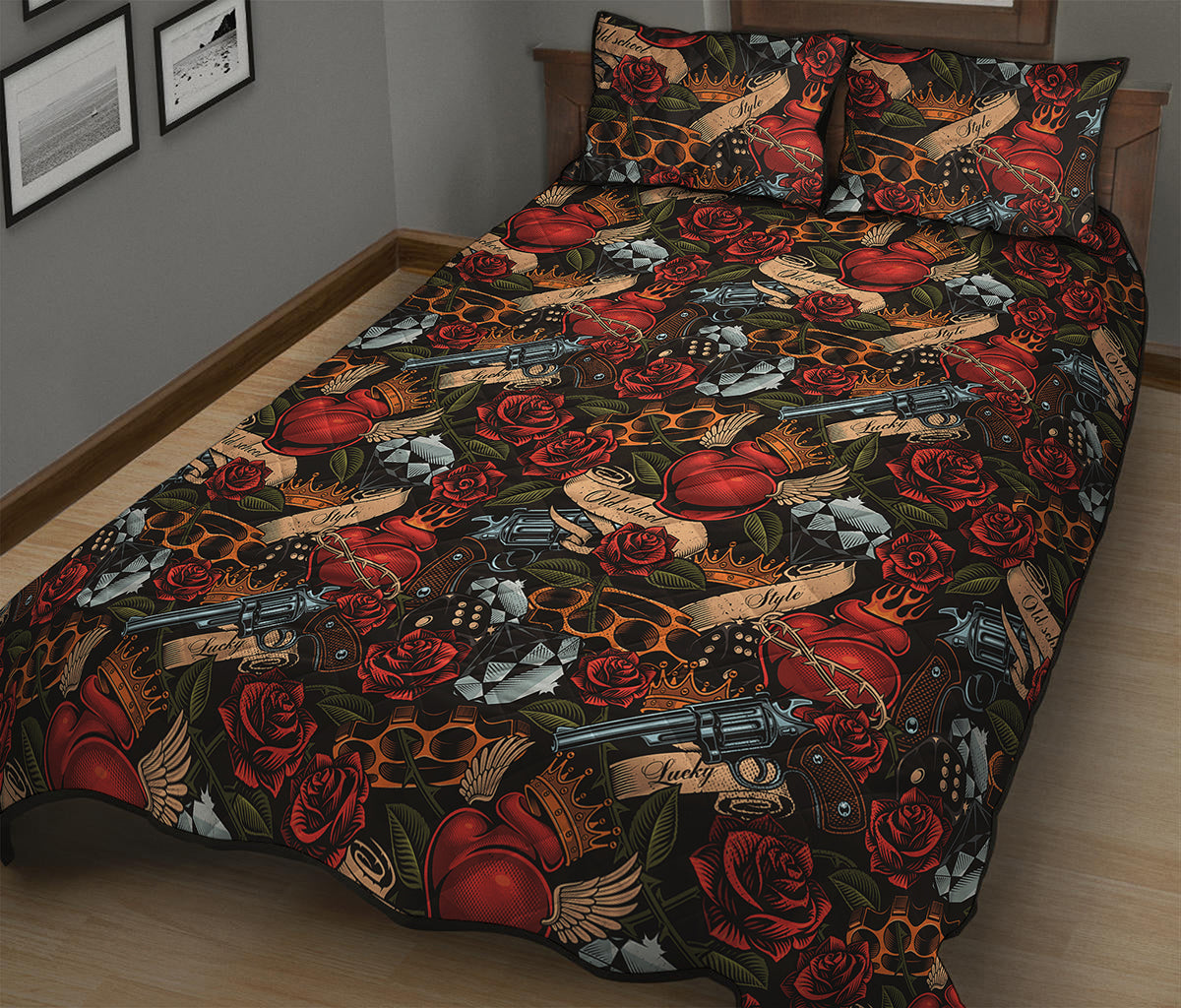 Old School Tattoo Print Quilt Bed Set