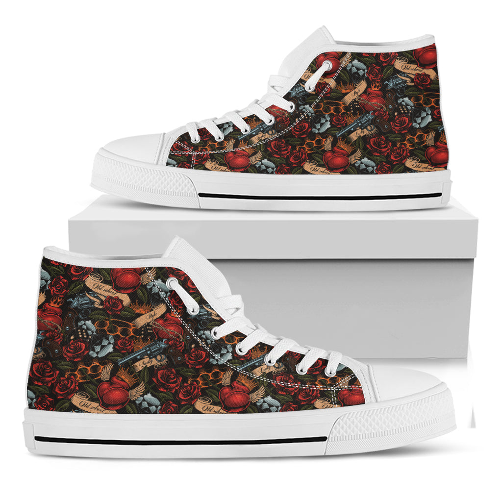 Old School Tattoo Print White High Top Shoes