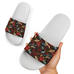 Old School Tattoo Print White Slide Sandals