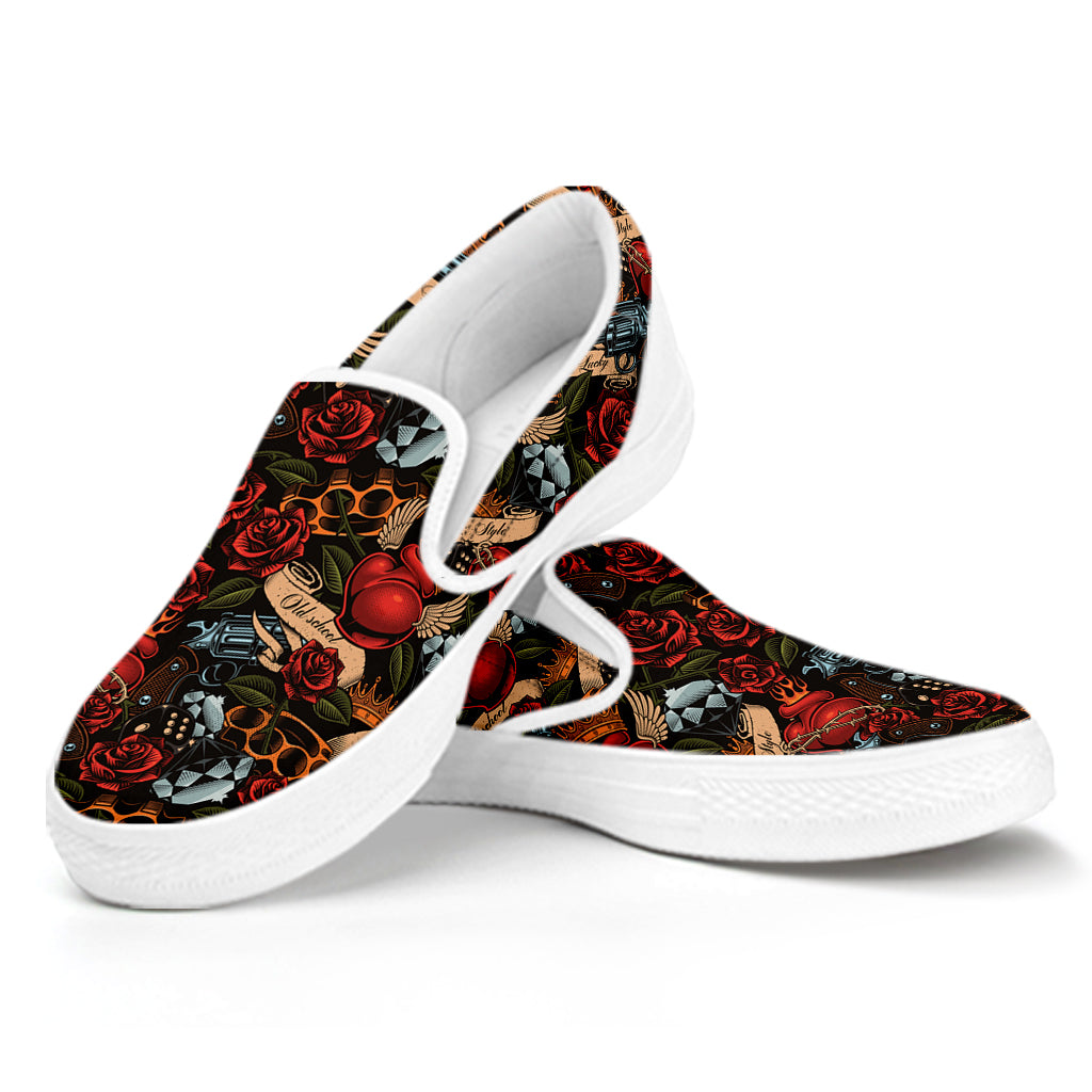 Old School Tattoo Print White Slip On Shoes