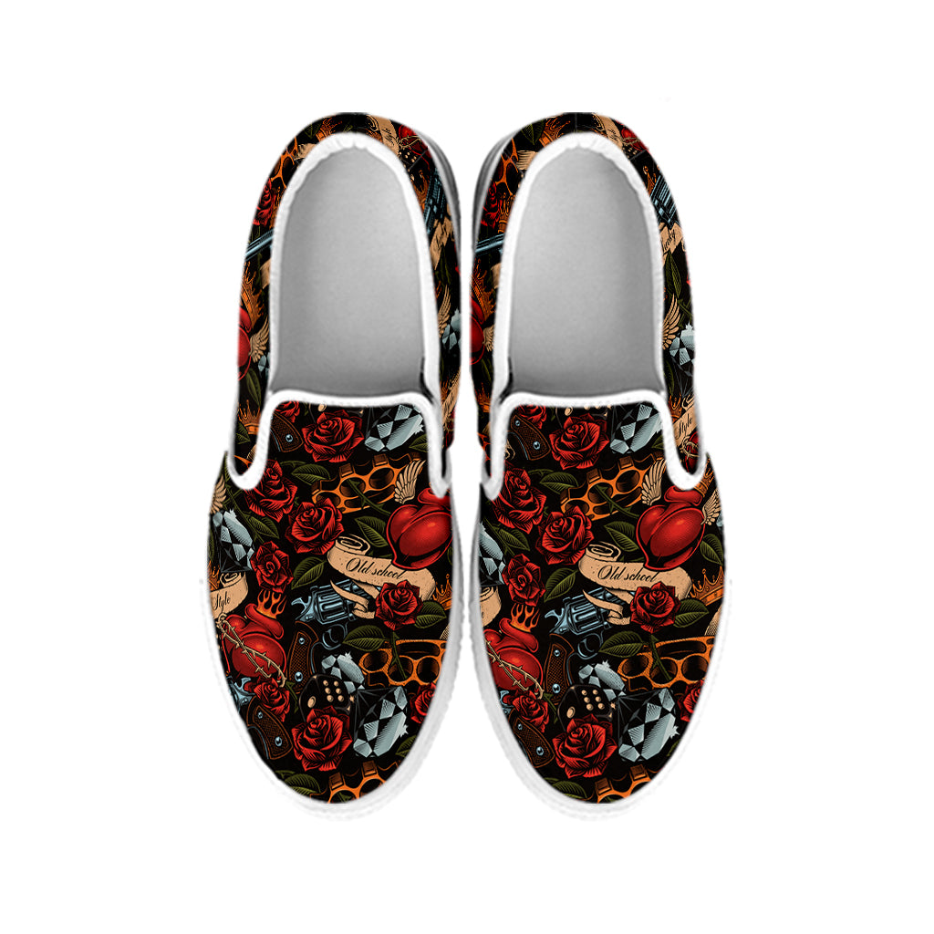 Old School Tattoo Print White Slip On Shoes