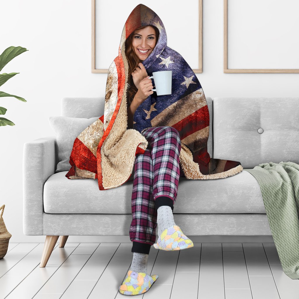 Old Wrinkled American Flag Patriotic Hooded Blanket GearFrost