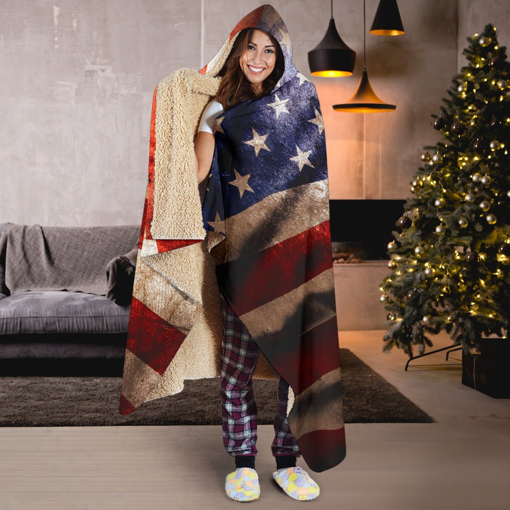 Old Wrinkled American Flag Patriotic Hooded Blanket GearFrost