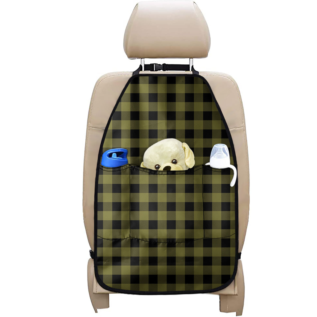 Olive Green Buffalo Check Pattern Print Car Seat Organizers