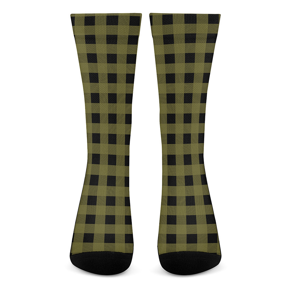 Olive Green Buffalo Check Pattern Print Crew Socks