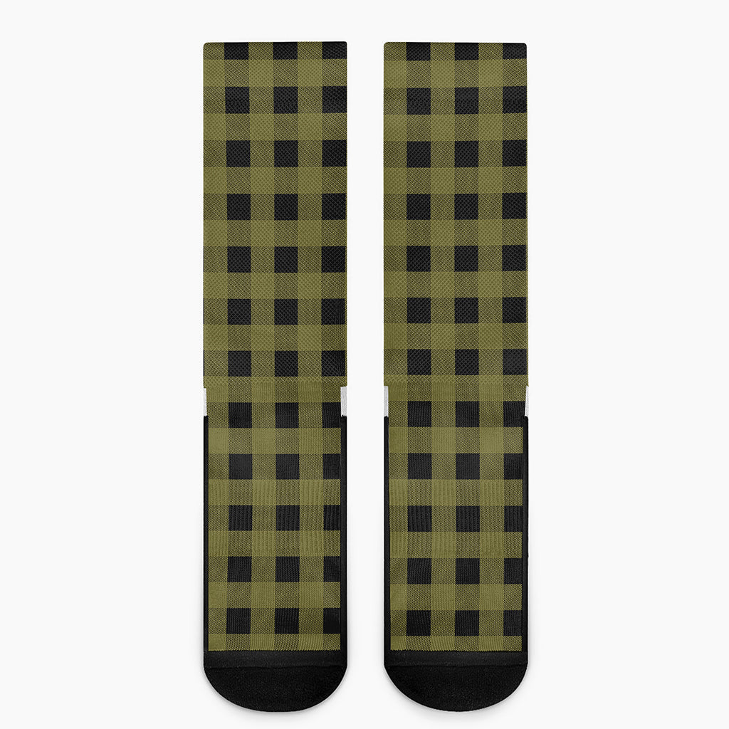 Olive Green Buffalo Check Pattern Print Crew Socks