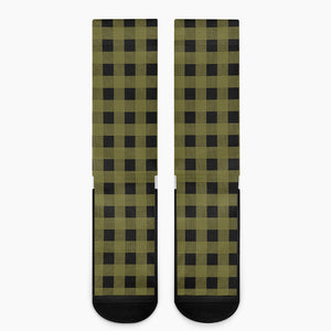 Olive Green Buffalo Check Pattern Print Crew Socks