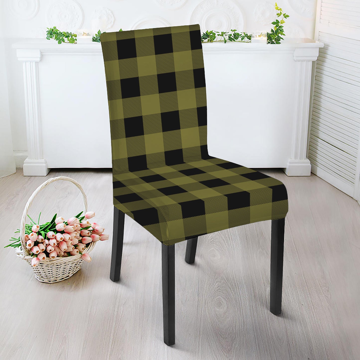 Olive Green Buffalo Check Pattern Print Dining Chair Slipcover