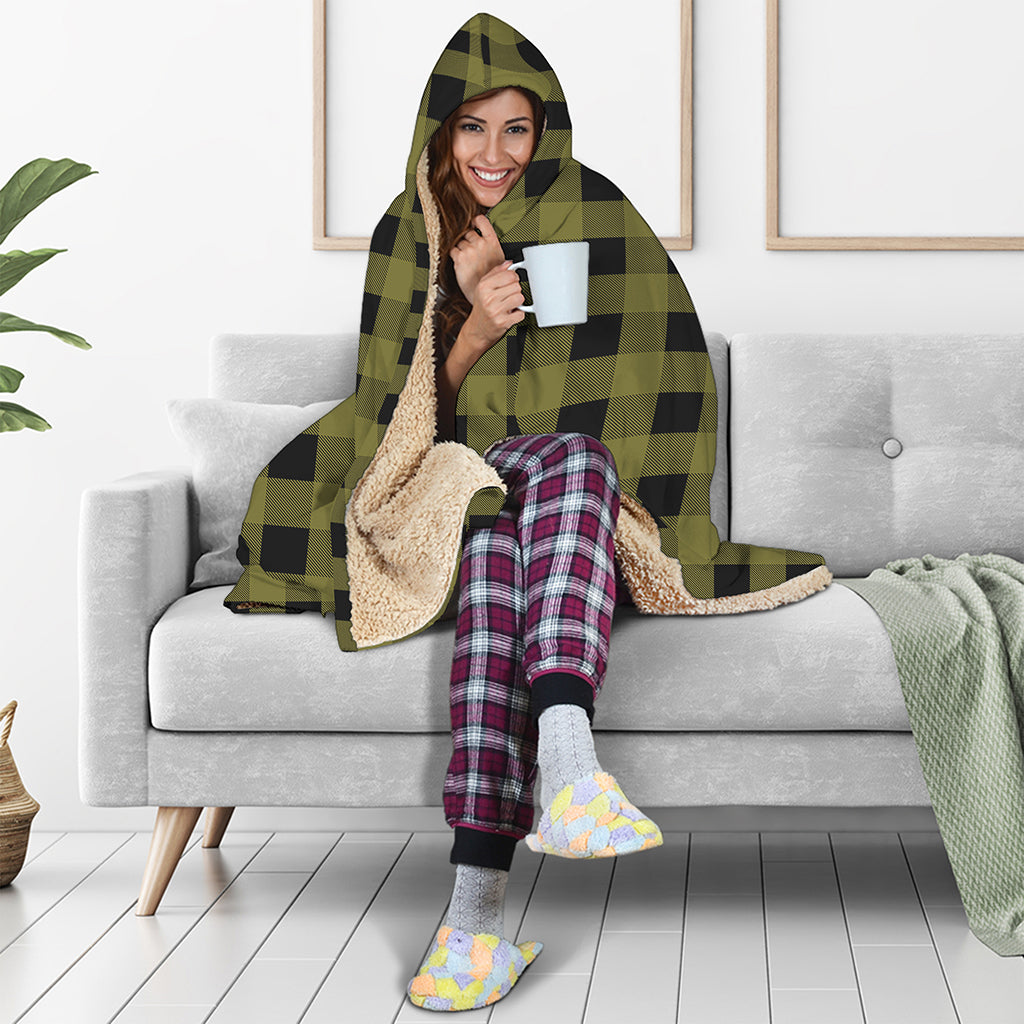 Olive Green Buffalo Check Pattern Print Hooded Blanket