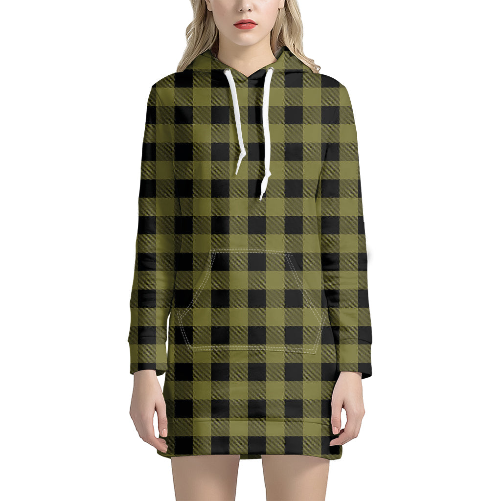 Olive Green Buffalo Check Pattern Print Hoodie Dress