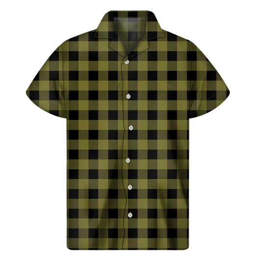 Olive Green Buffalo Check Pattern Print Men's Short Sleeve Shirt