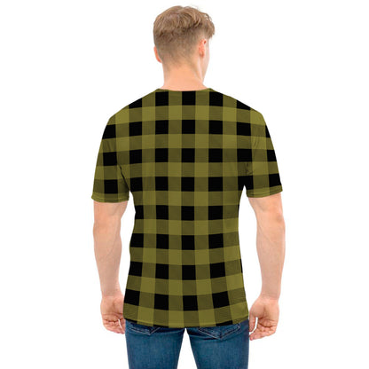 Olive Green Buffalo Check Pattern Print Men's T-Shirt