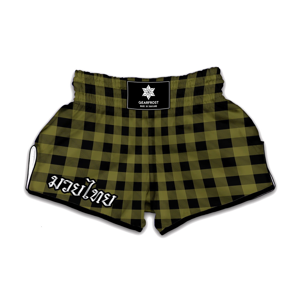 Olive Green Buffalo Check Pattern Print Muay Thai Boxing Shorts