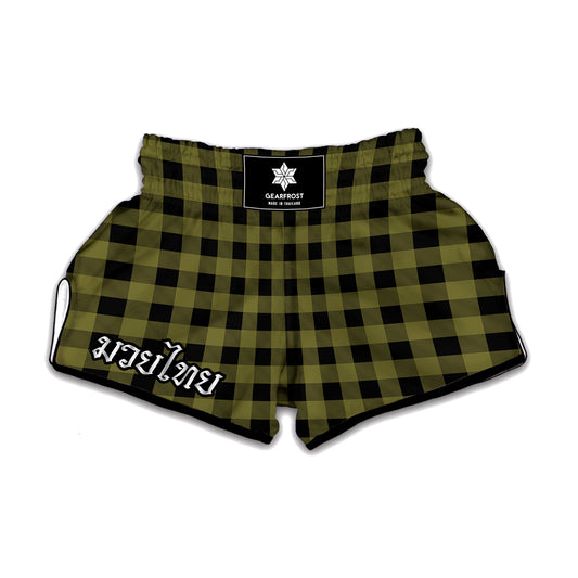 Olive Green Buffalo Check Pattern Print Muay Thai Boxing Shorts