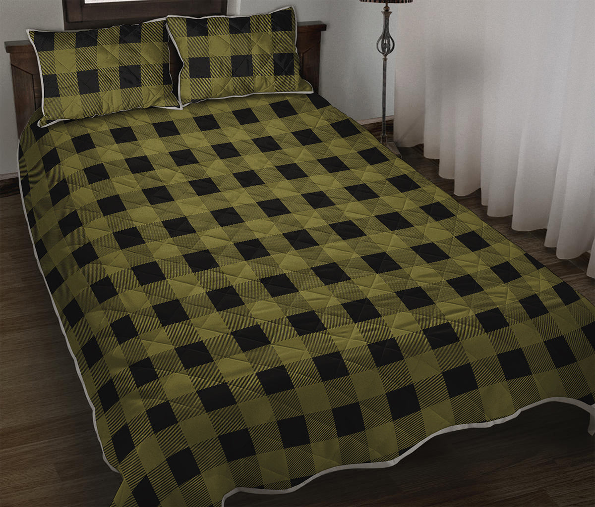 Olive Green Buffalo Check Pattern Print Quilt Bed Set