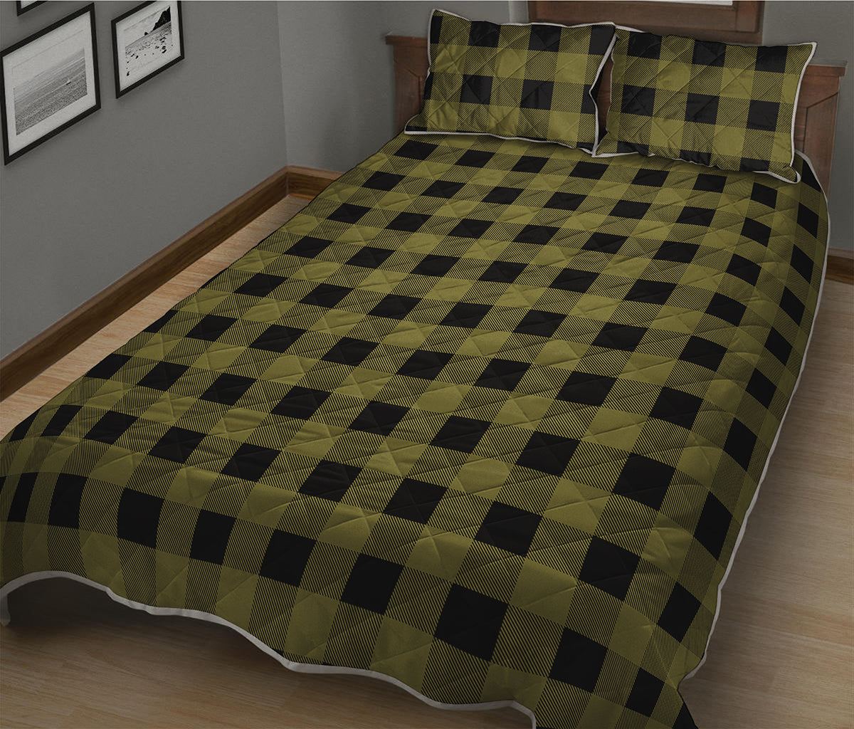Olive Green Buffalo Check Pattern Print Quilt Bed Set