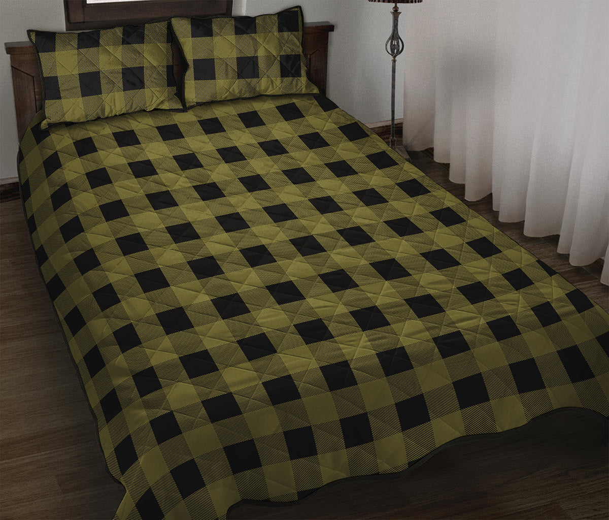 Olive Green Buffalo Check Pattern Print Quilt Bed Set