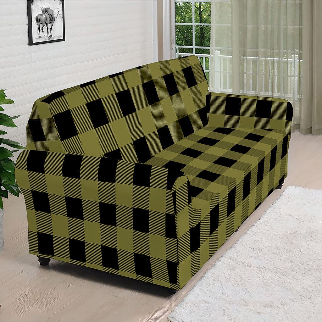 Olive Green Buffalo Check Pattern Print Sofa Cover
