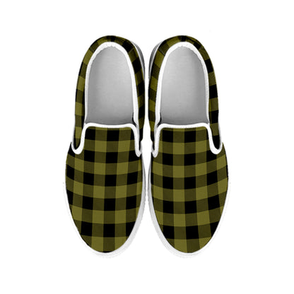Olive Green Buffalo Check Pattern Print White Slip On Shoes