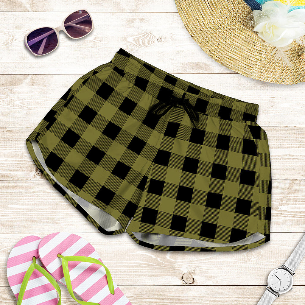 Olive Green Buffalo Check Pattern Print Women's Shorts