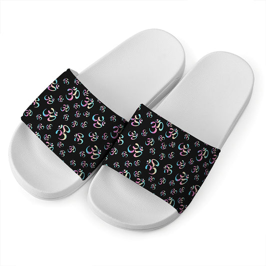 Om Sign Pattern Print White Slide Sandals