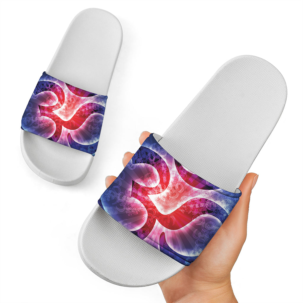 Om Sign Print White Slide Sandals