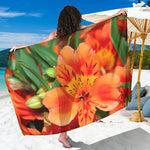 Orange Alstroemeria Print Beach Sarong Wrap
