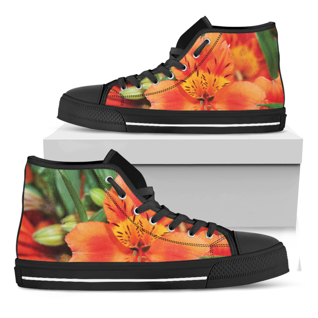 Orange Alstroemeria Print Black High Top Shoes