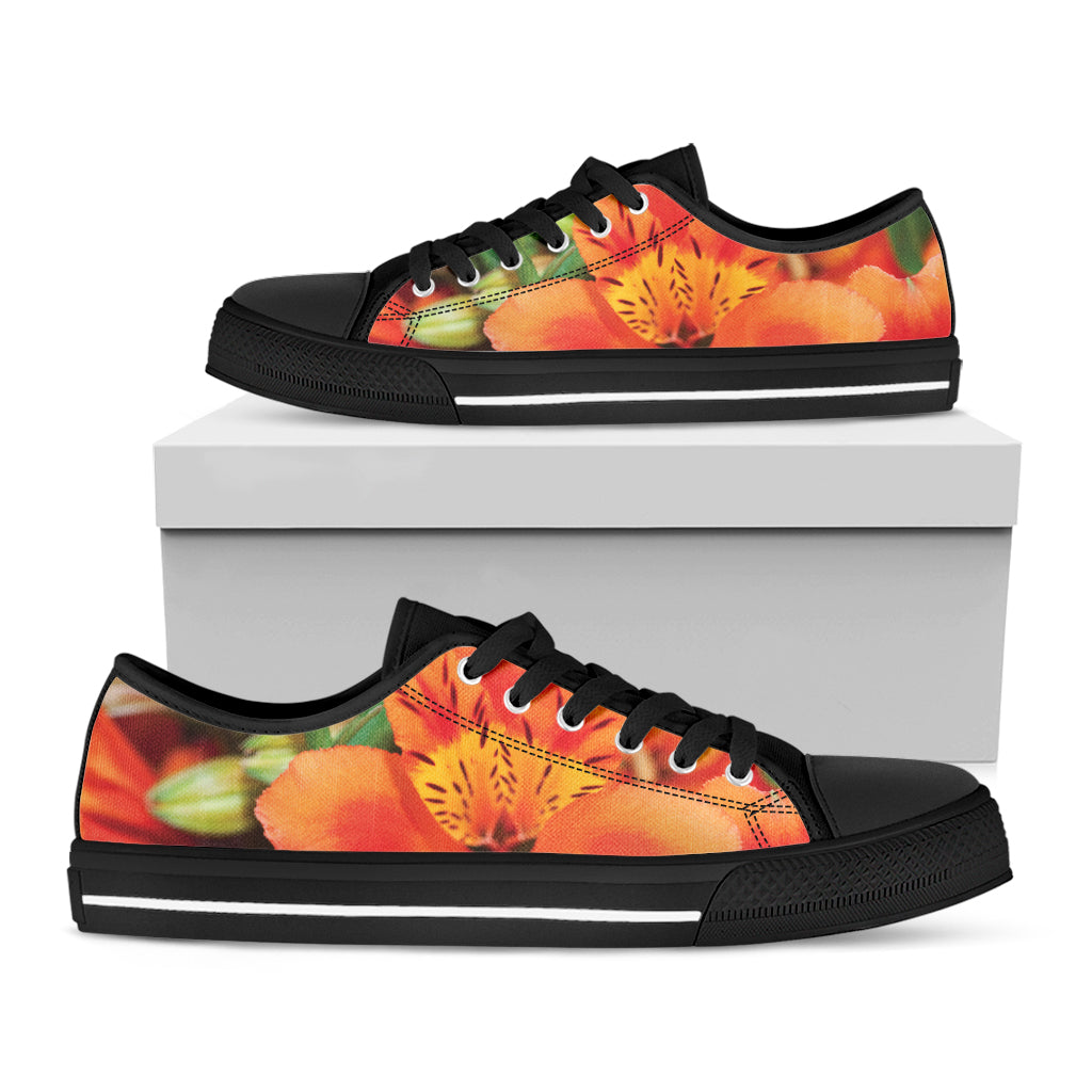 Orange Alstroemeria Print Black Low Top Shoes