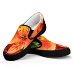 Orange Alstroemeria Print Black Slip On Shoes