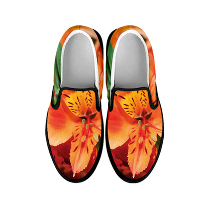 Orange Alstroemeria Print Black Slip On Shoes