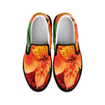 Orange Alstroemeria Print Black Slip On Shoes