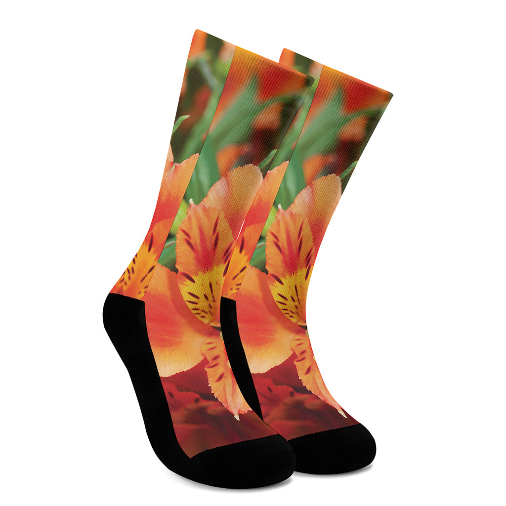 Orange Alstroemeria Print Crew Socks